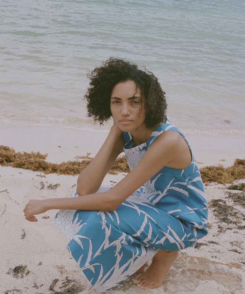 Ankle-Length Shift Dress in Blue Pineapple