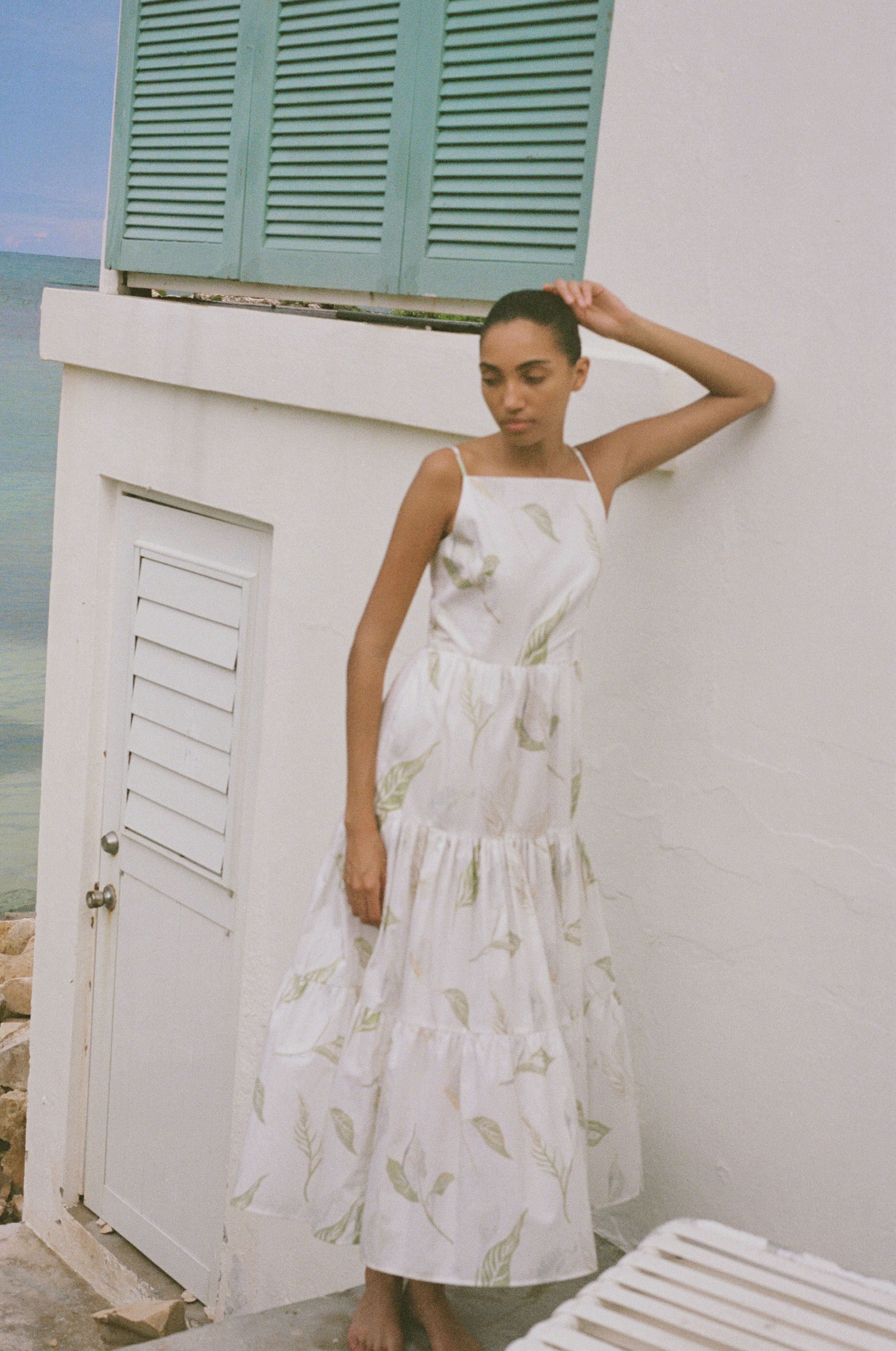 Tiered Dress in White with White Peace Lily