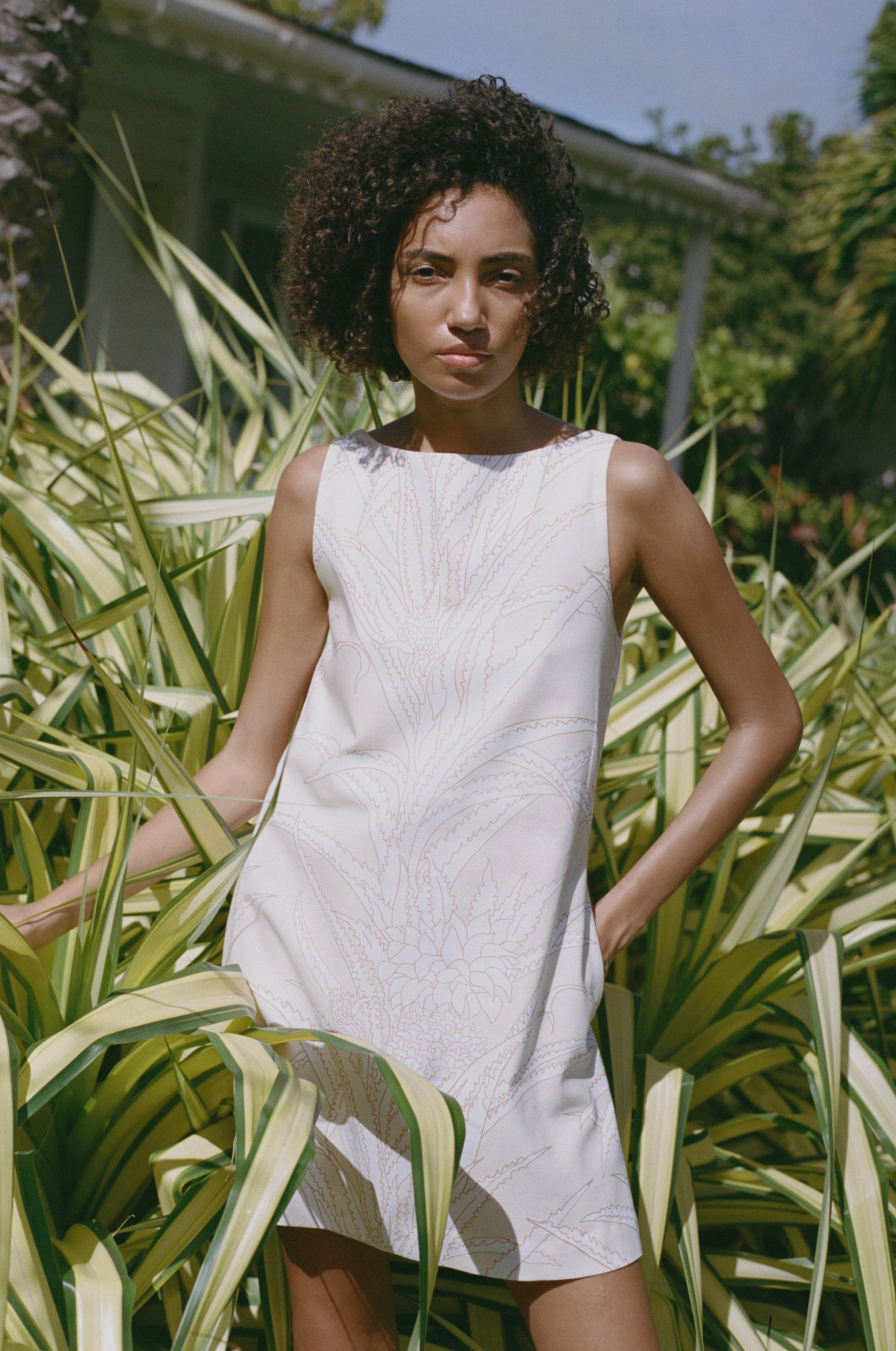 Pleated-Back Mini Dress in Yellow Pineapple