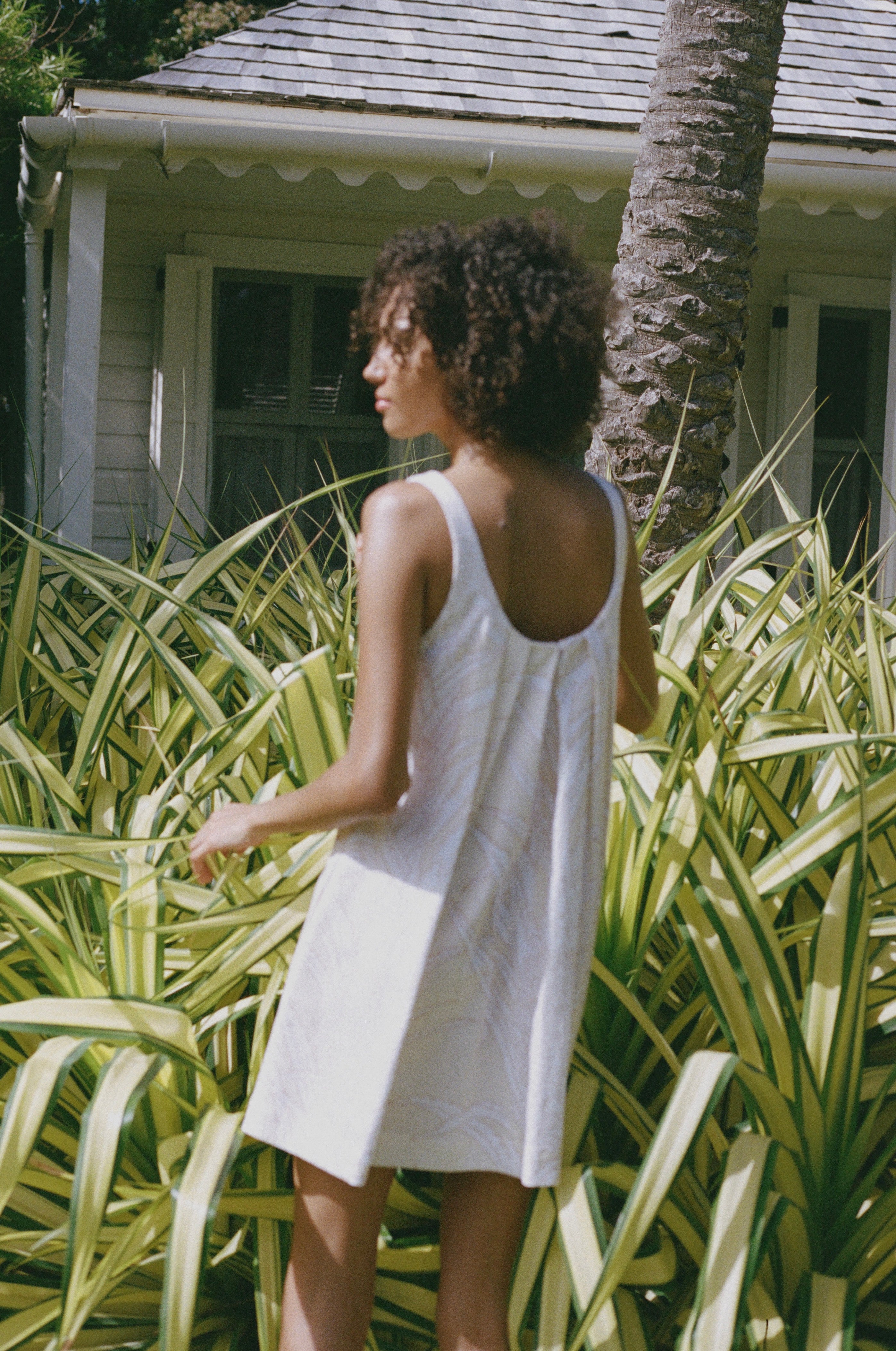 Pleated-Back Mini Dress in Yellow Pineapple