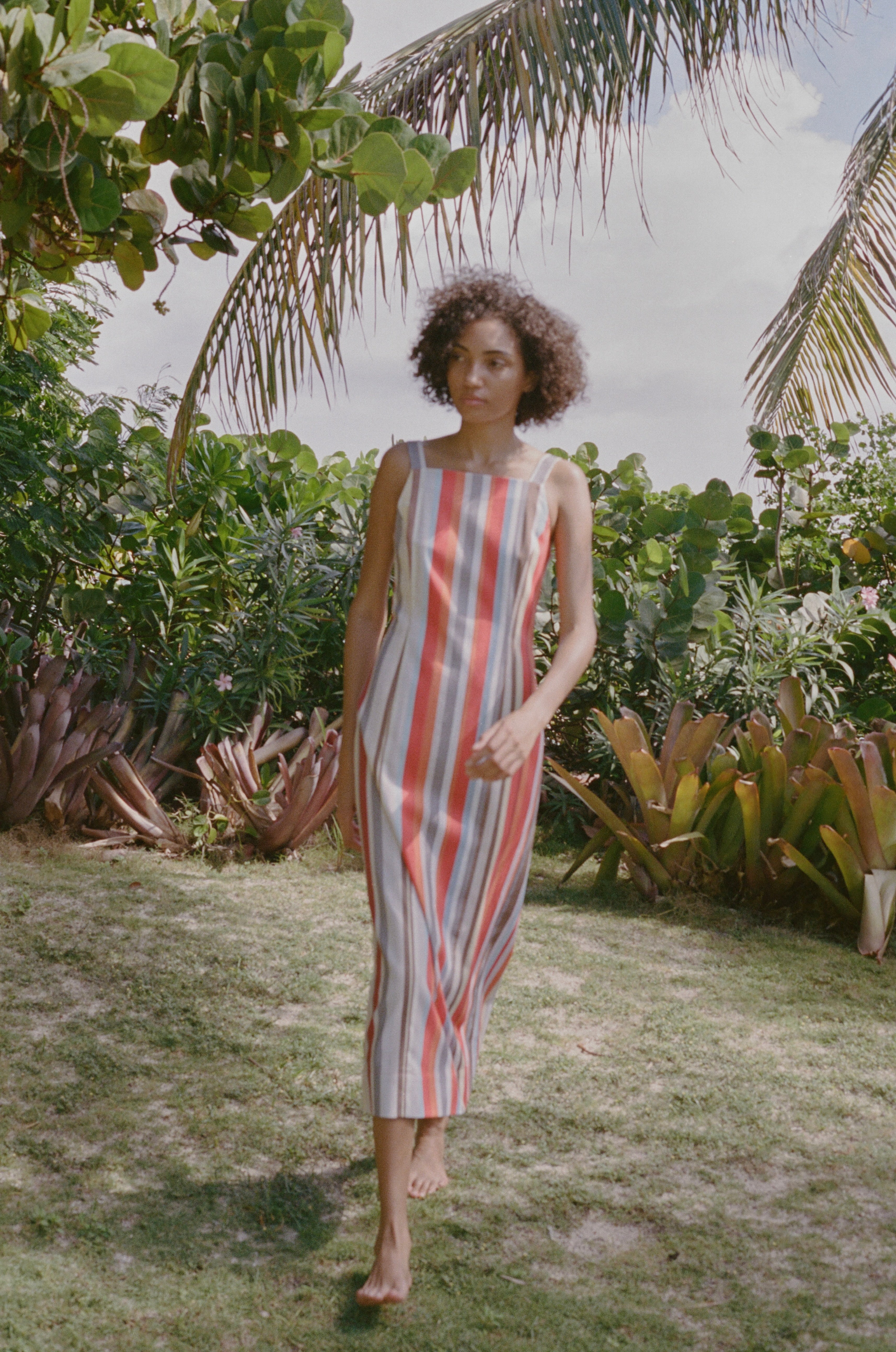 High-Neck Midi Dress in Vibrant Stripe