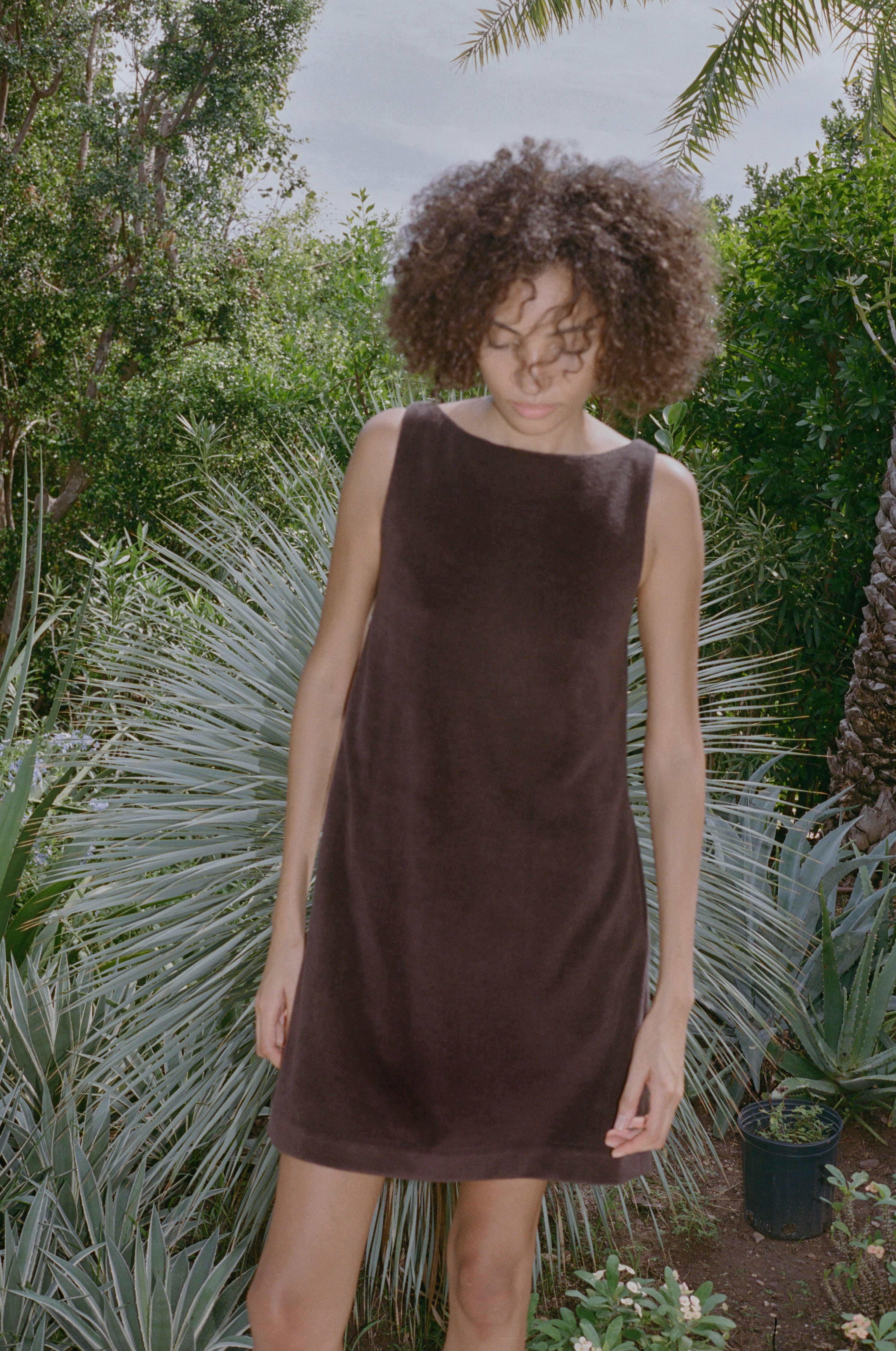 Pleated-Back Mini Dress in Brown Terrycloth