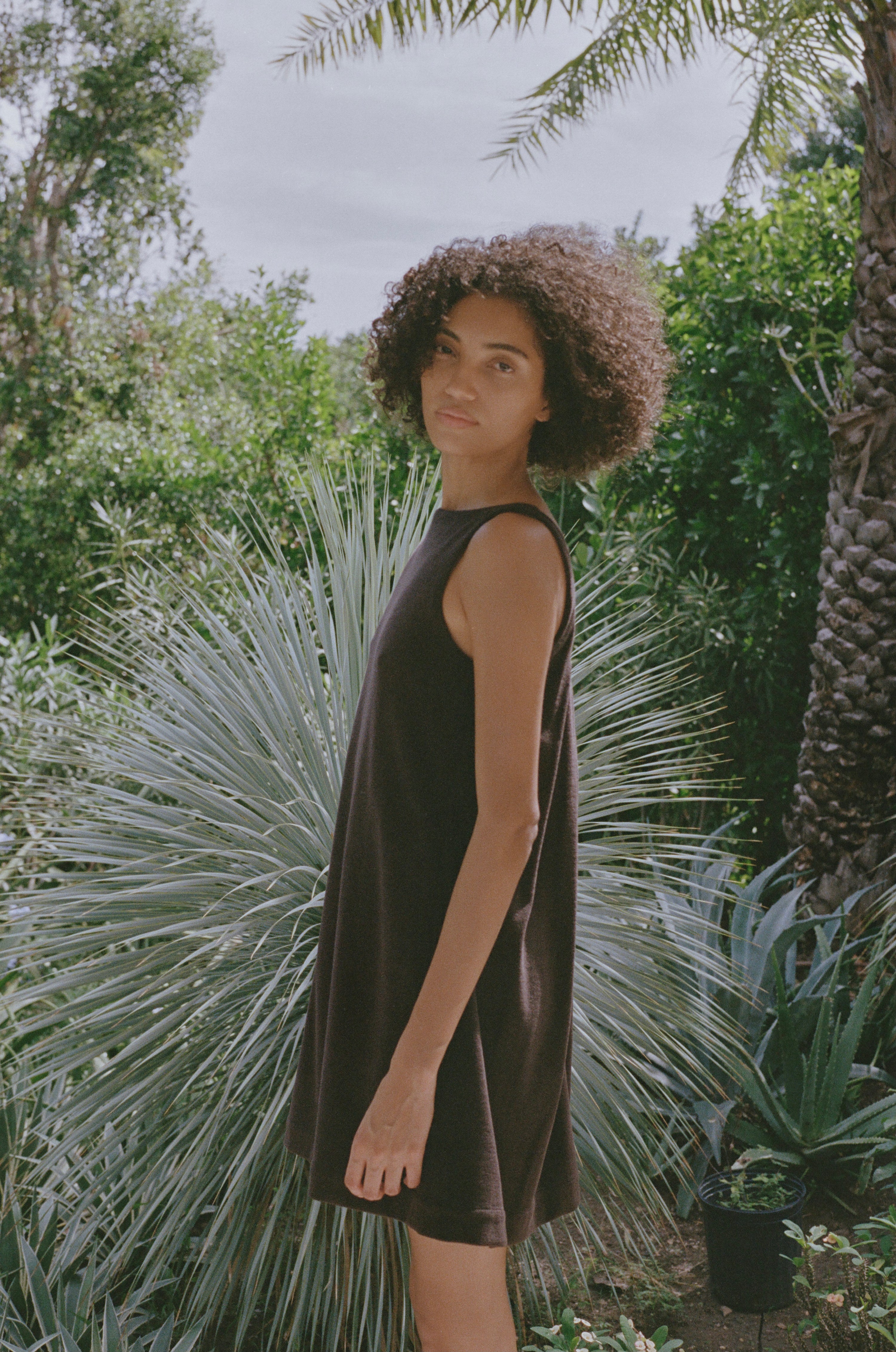 Pleated-Back Mini Dress in Brown Terrycloth