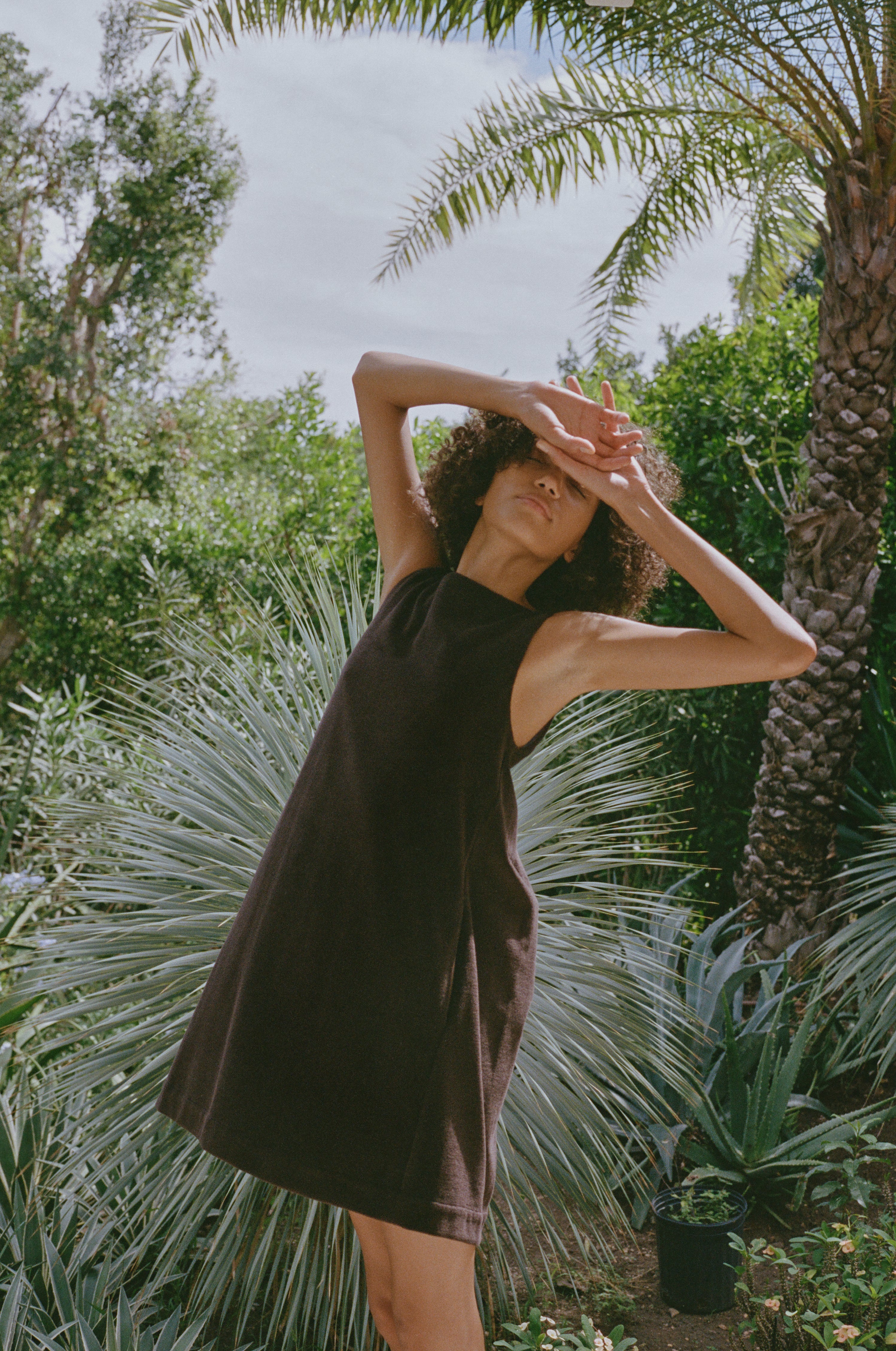 Pleated-Back Mini Dress in Brown Terrycloth