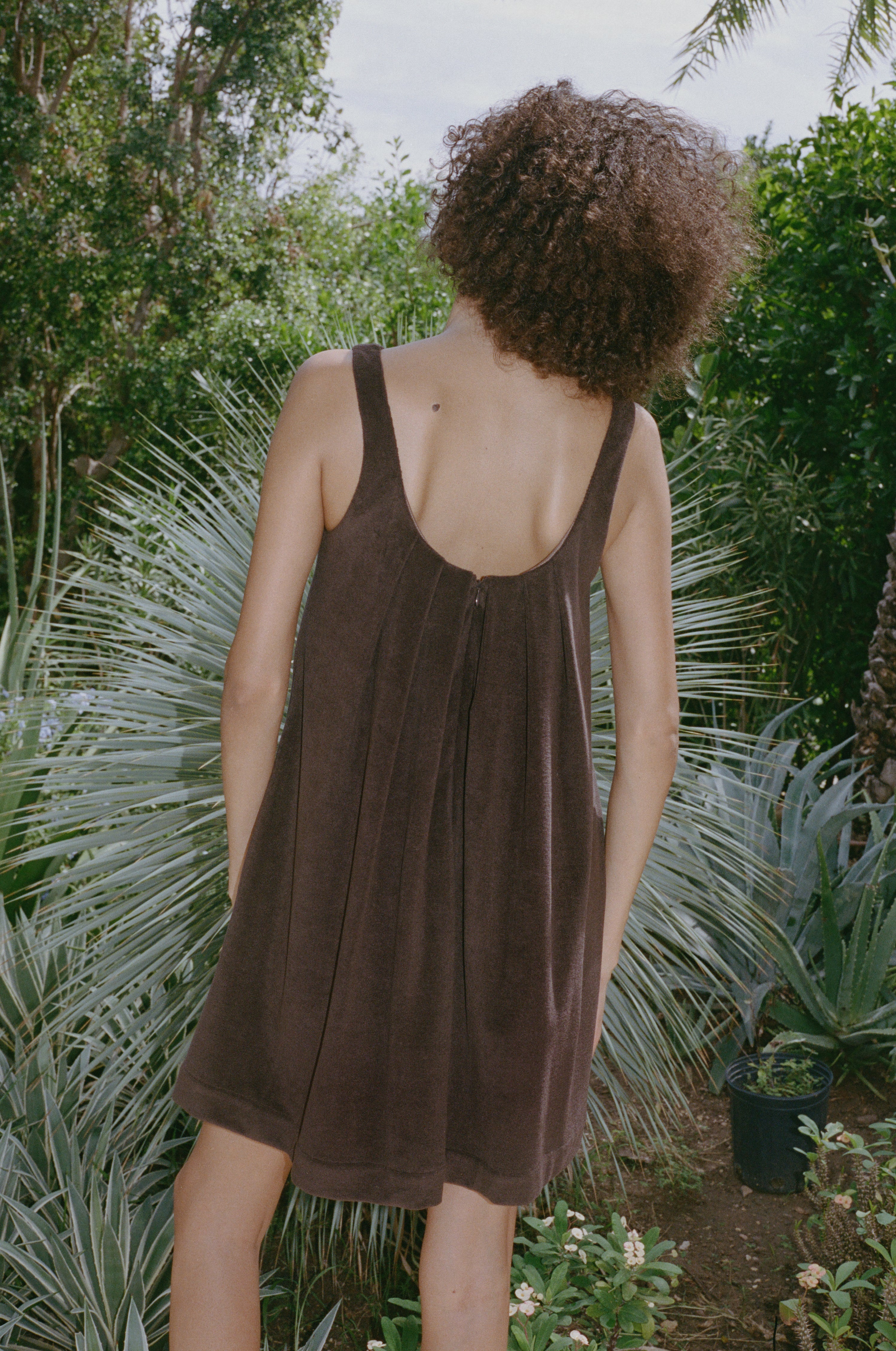 Pleated-Back Mini Dress in Brown Terrycloth