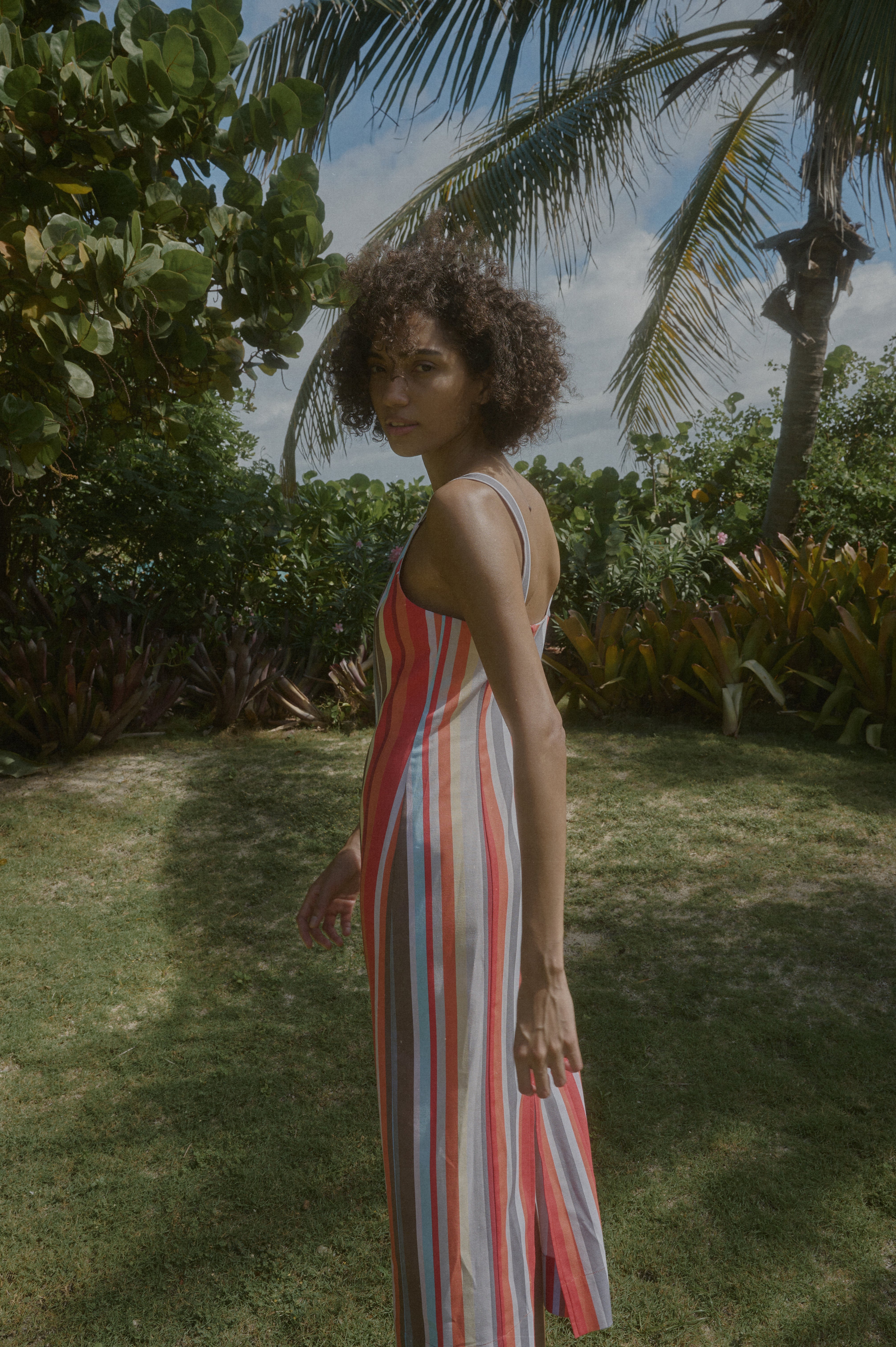 High-Neck Midi Dress in Vibrant Stripe