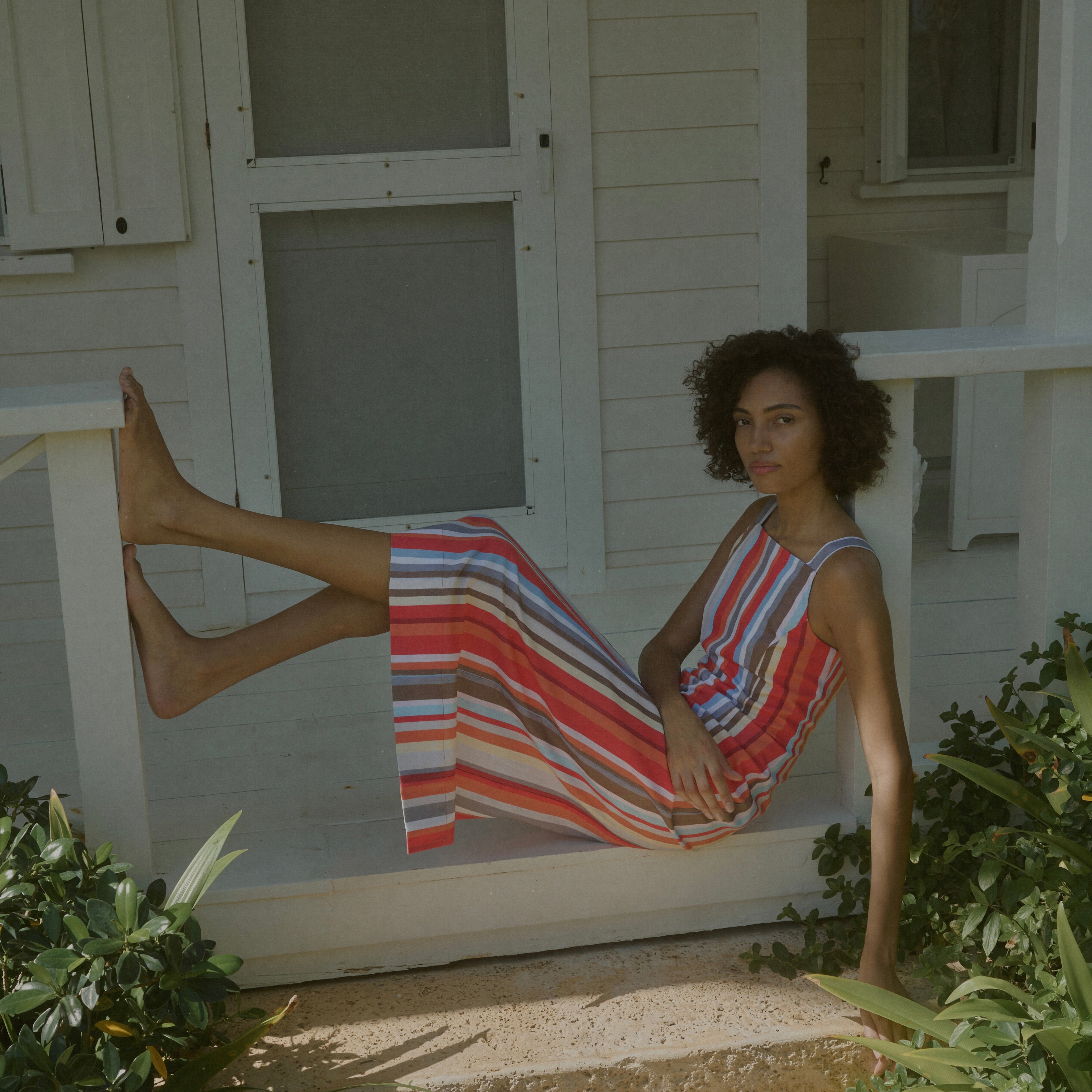 High-Neck Midi Dress in Vibrant Stripe
