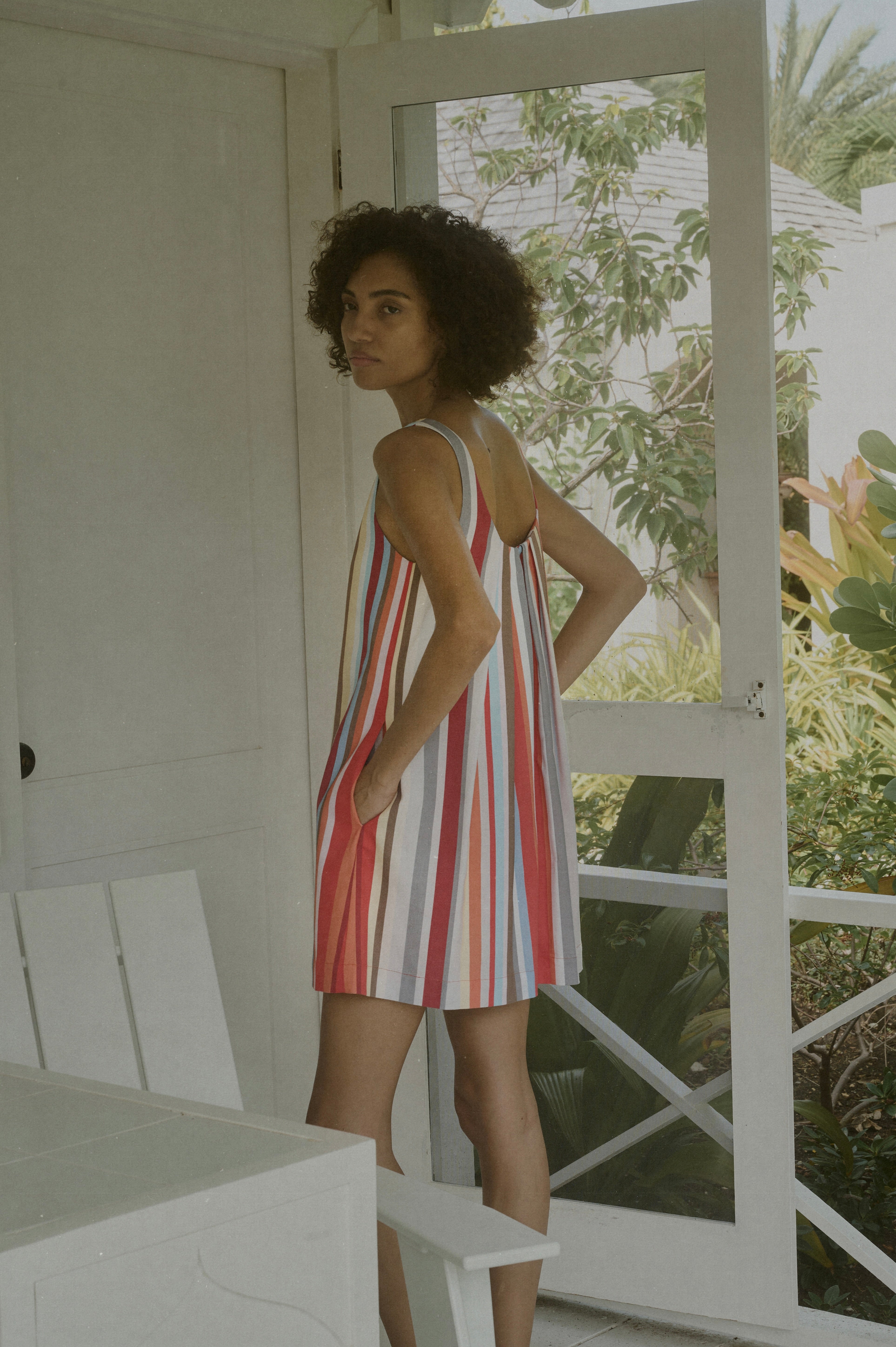 Pleated-Back Mini Dress in Vibrant Stripe