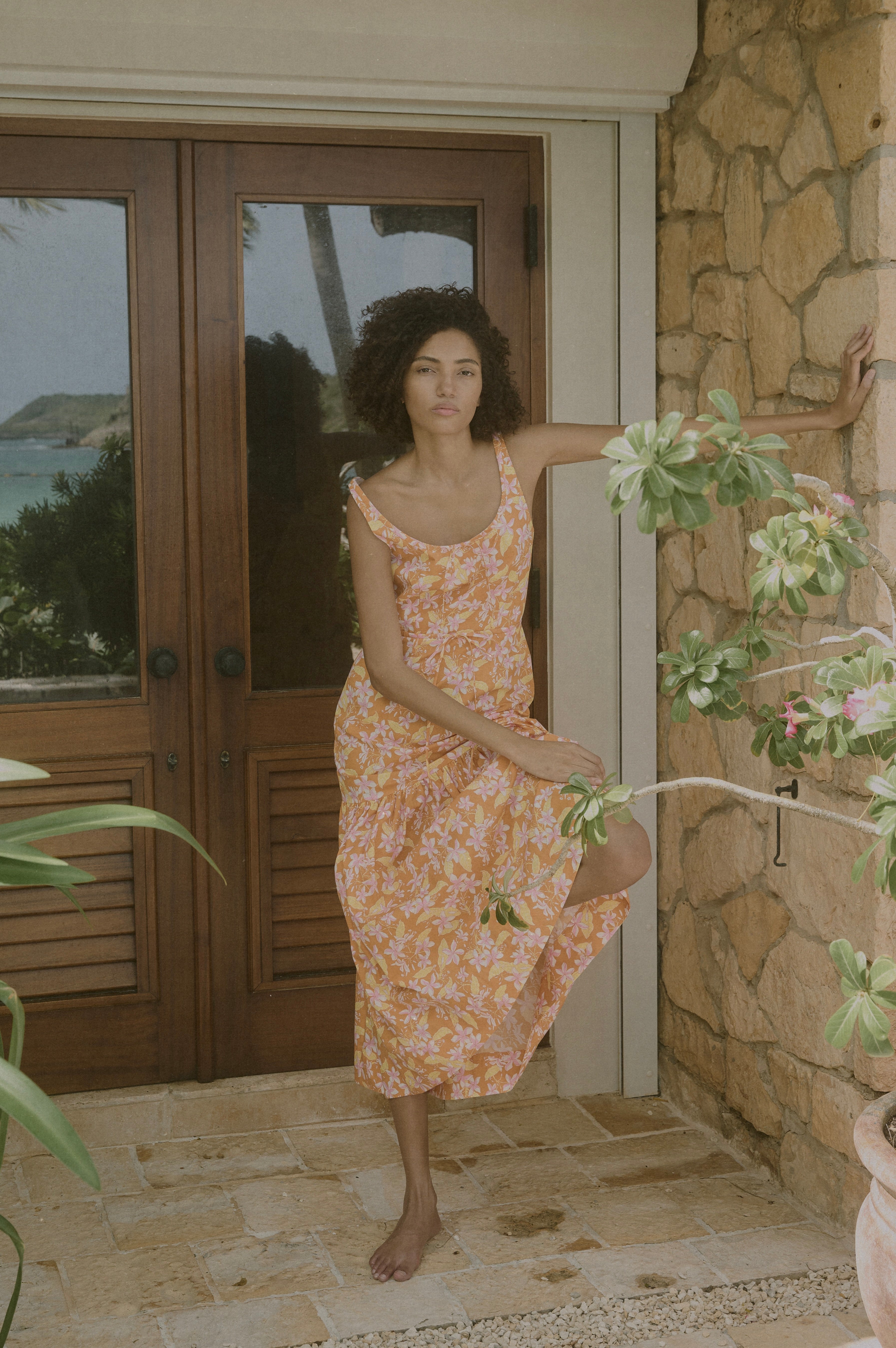 Double Drawstring Dress in Orange Frangipani