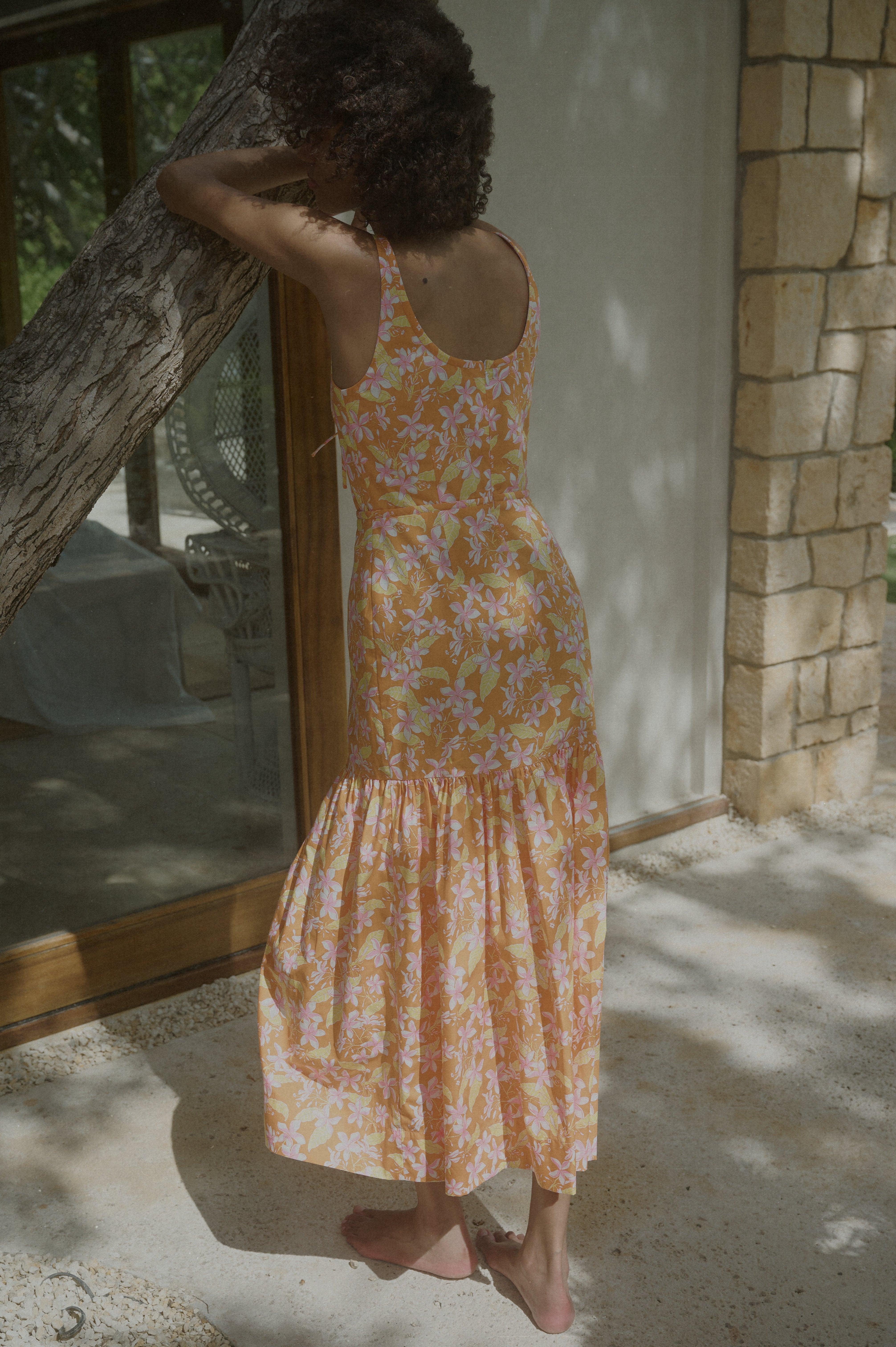 Double Drawstring Dress in Orange Frangipani