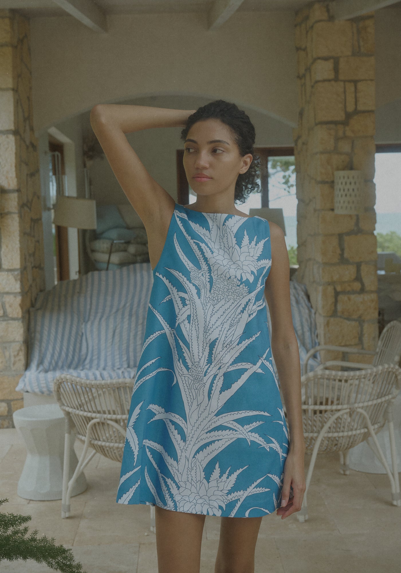 Pleated-Back Mini Dress in Blue Pineapple