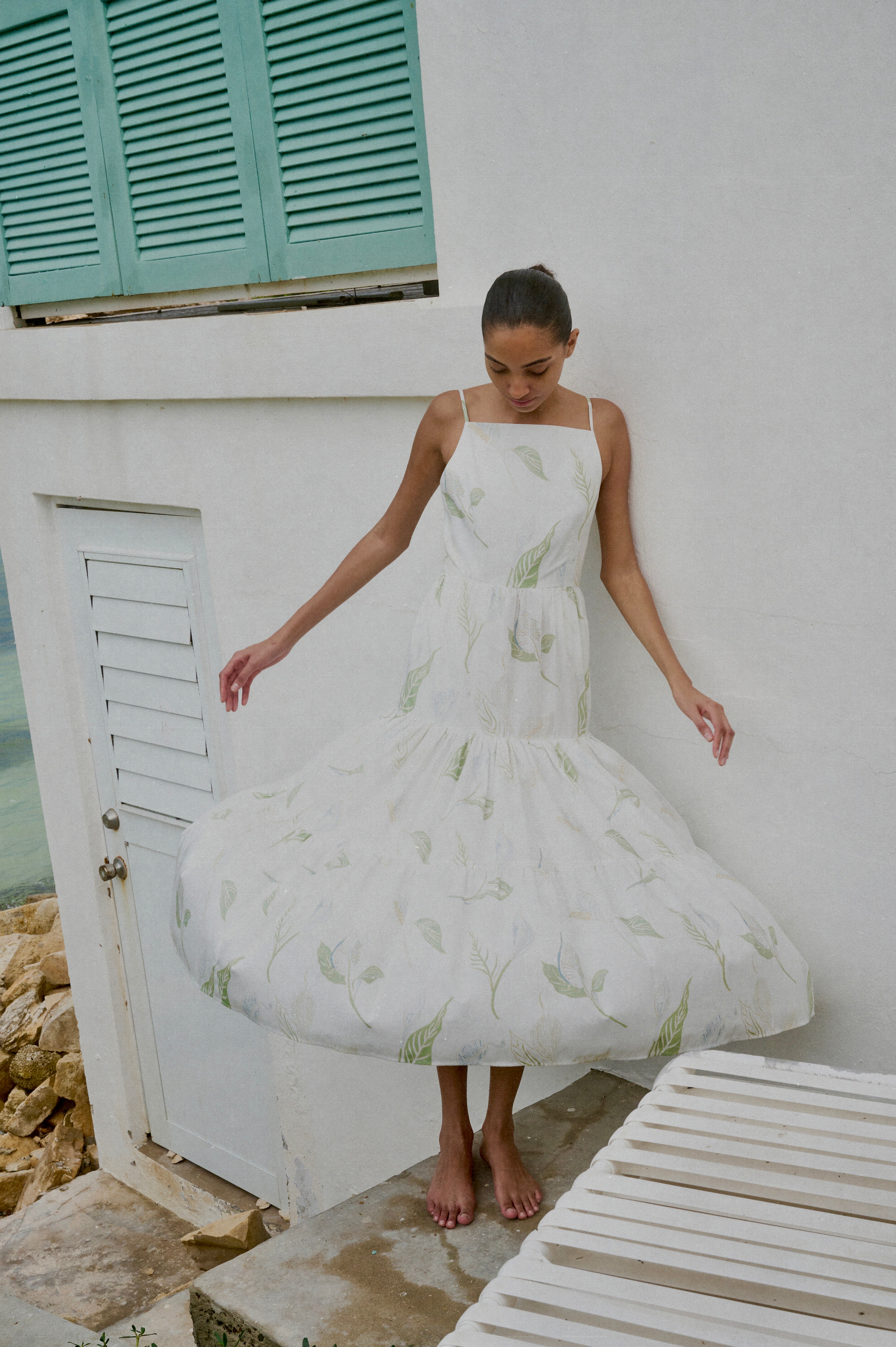 Tiered Dress in White with White Peace Lily