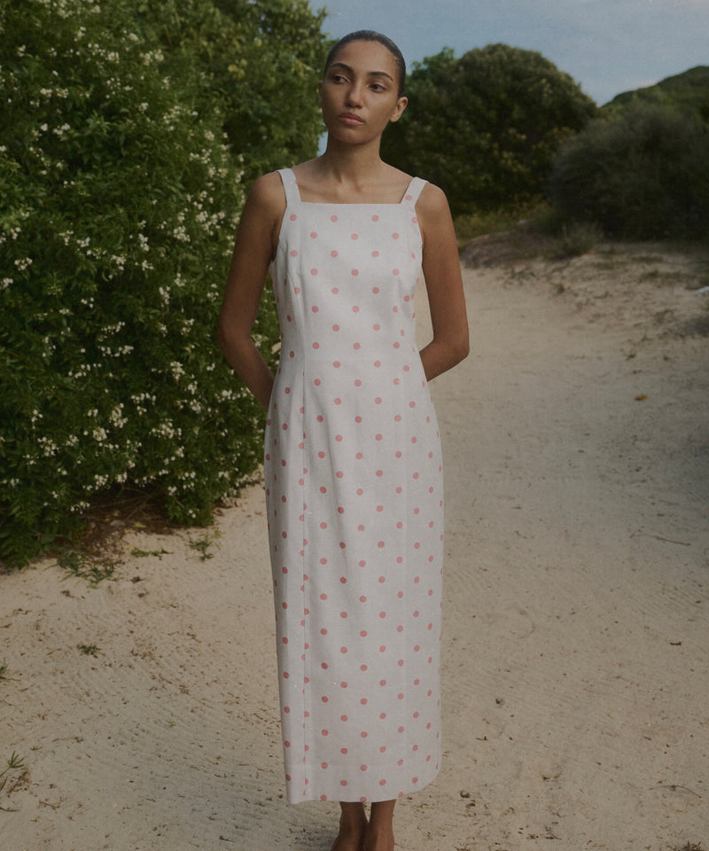 High-Neck Midi Dress in Salmon Dot