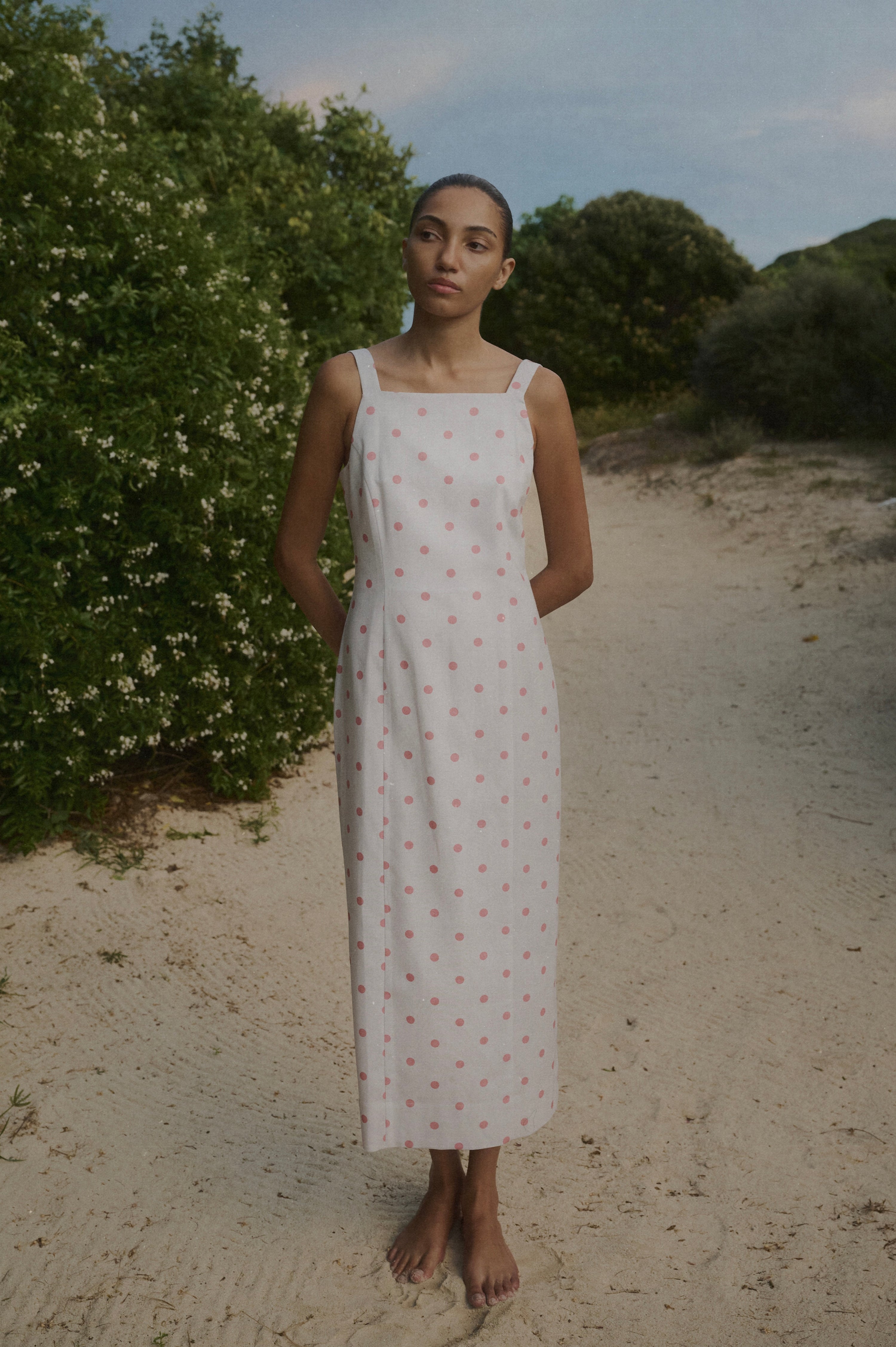 High-Neck Midi Dress in Salmon Dot