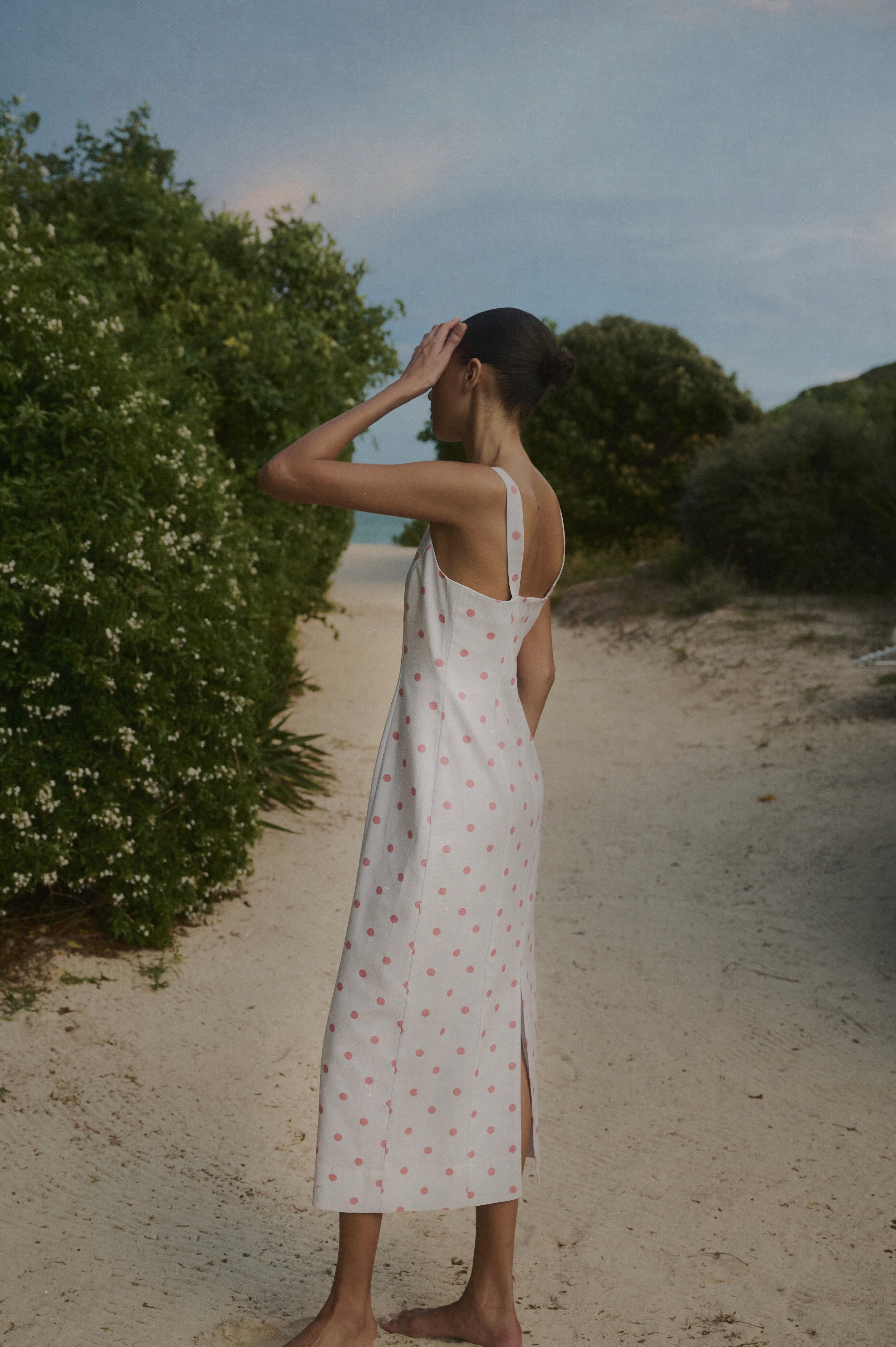 High-Neck Midi Dress in Salmon Dot