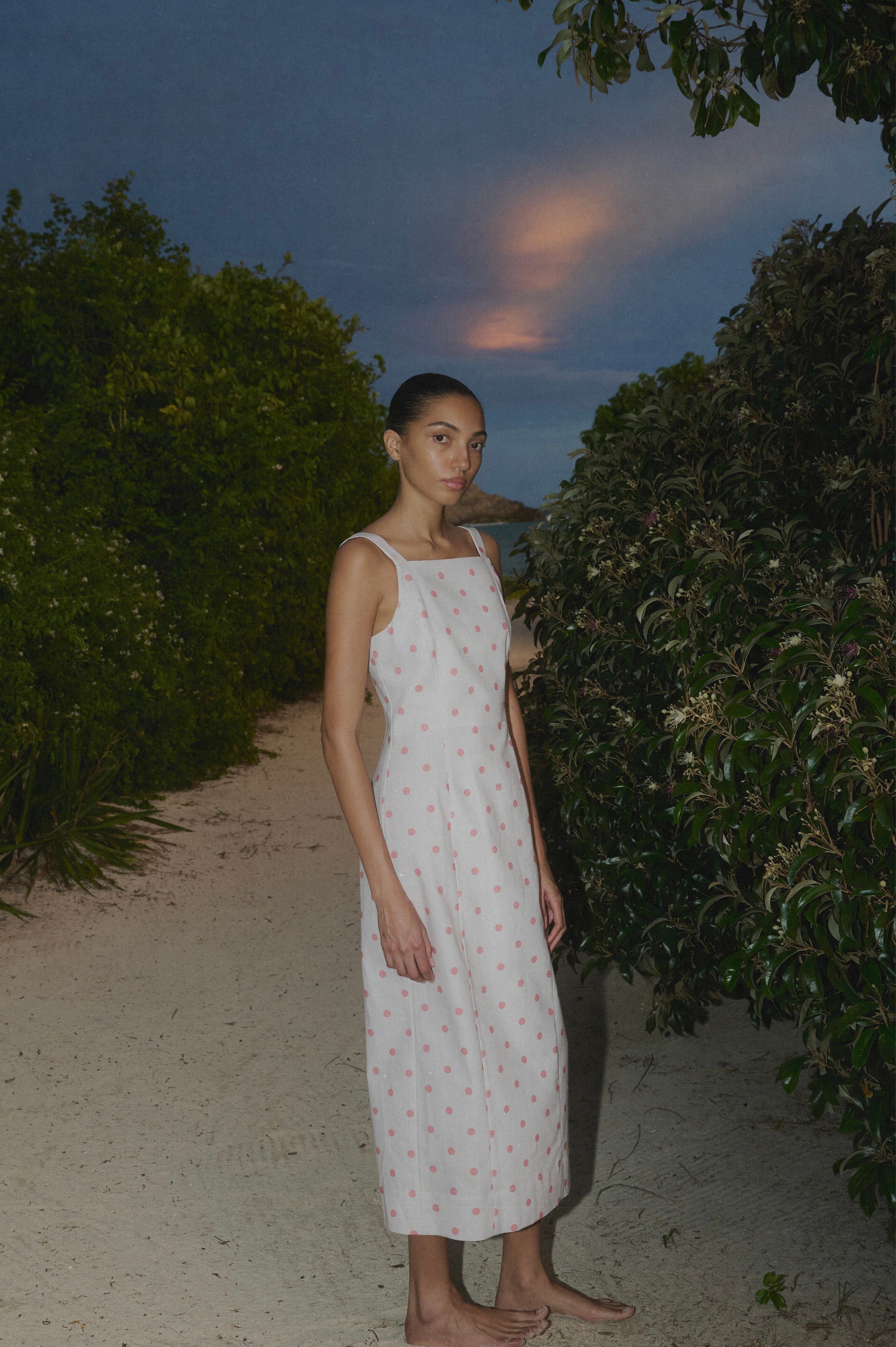 High-Neck Midi Dress in Salmon Dot