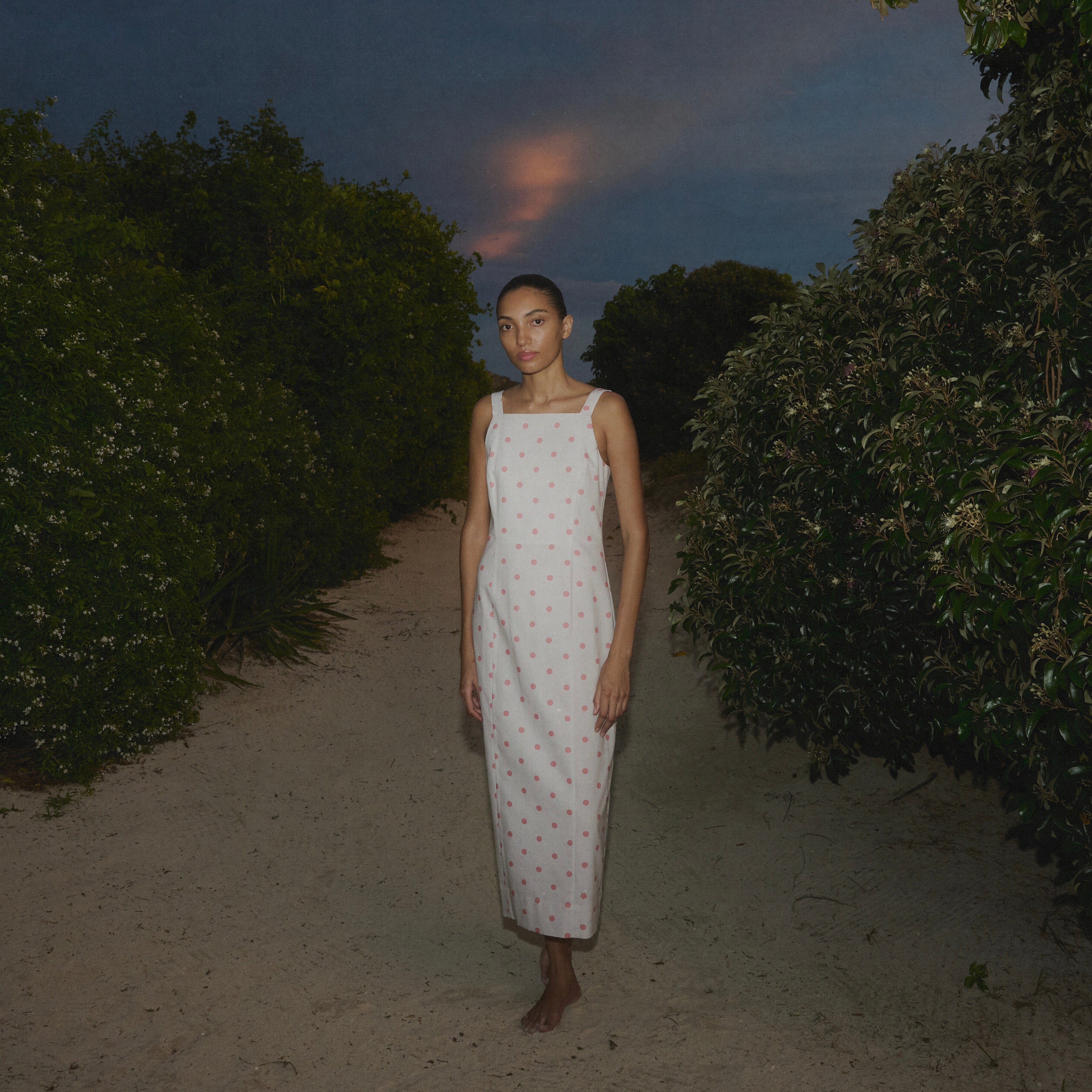 High-Neck Midi Dress in Salmon Dot
