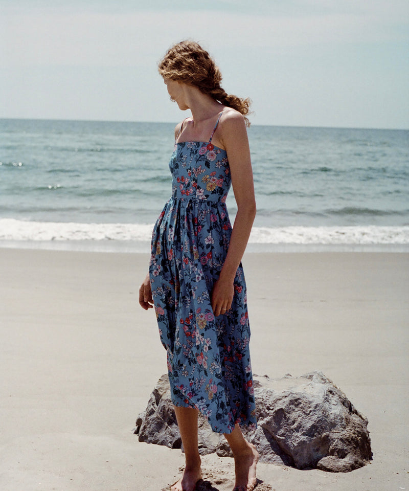 Skinny-Strap Poof Dress in Blue Multi Floral