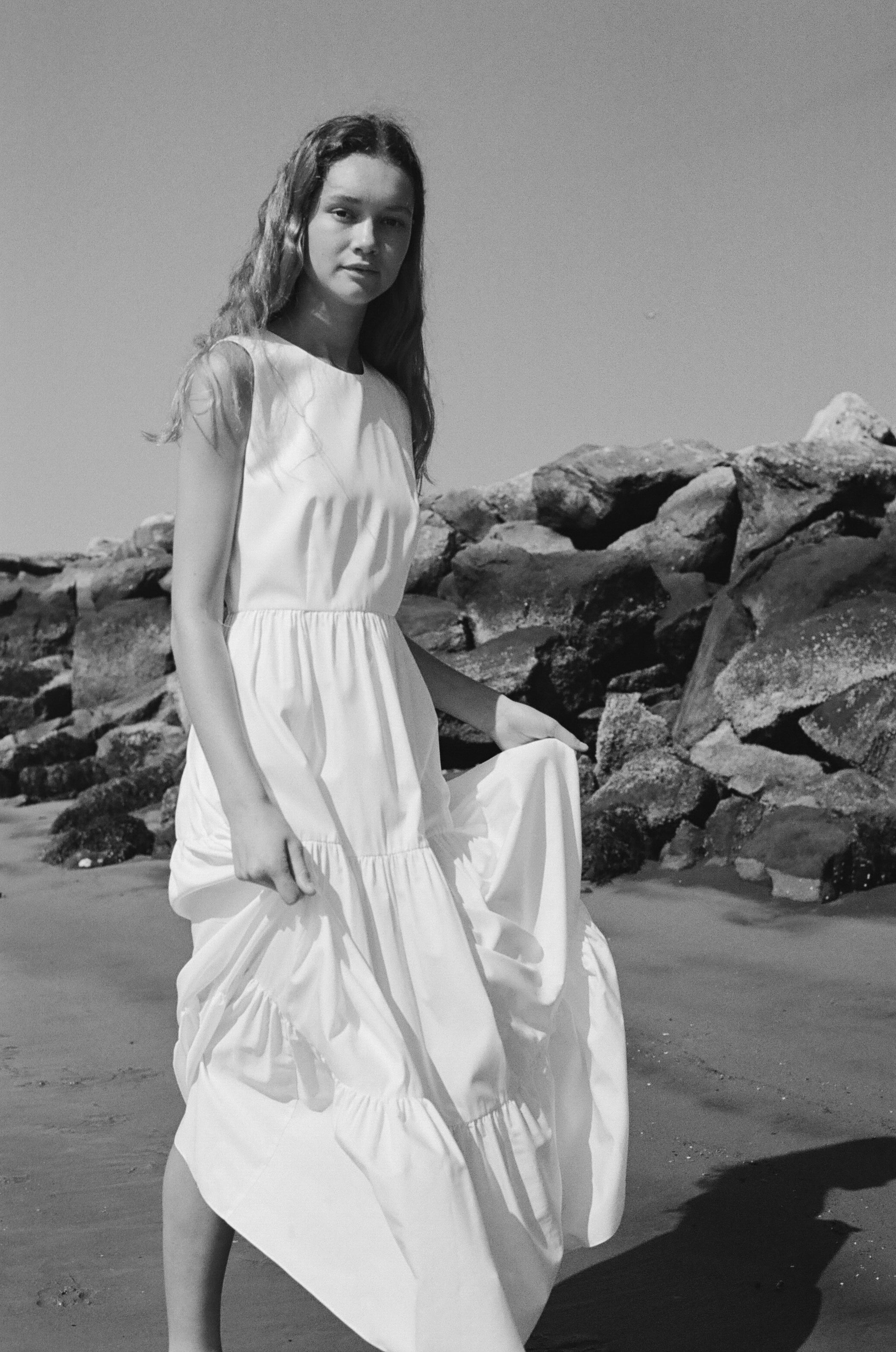 Round Neck Dress in White Poplin
